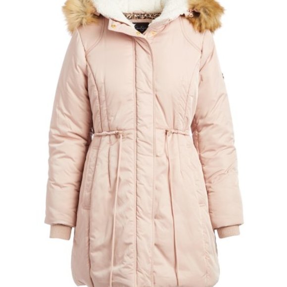 NEW Jessica Simpson Blush pink Anorak Coat with Sherpa Lined Faux Fur Tr…